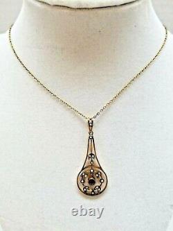 Antique Edwardian 9 ct Gold, 17 seed Pearls, Garnet Lavaliere pendant necklace