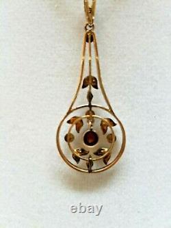 Antique Edwardian 9 ct Gold, 17 seed Pearls, Garnet Lavaliere pendant necklace