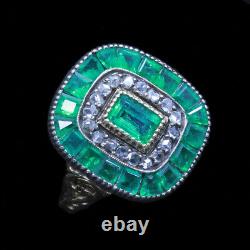 Antique Edwardian Ring Emeralds Diamonds 14k Chased Gold w Certificate (6117)