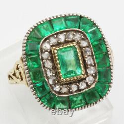 Antique Edwardian Ring Emeralds Diamonds 14k Chased Gold w Certificate (6117)