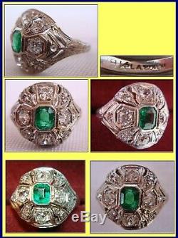 Antique Edwardian Ring Platinum Gold Emerald w Appraisal Certificate (4038)