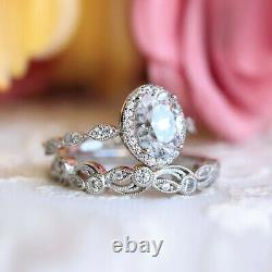 Art Deco 2.46Ct Oval Cut Diamond Halo Engagement Bridal Set Ring 14k White Gold