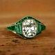 Art Deco 2.89Ct Oval Cut Diamond & Emerald Vintage Antique Ring 14k White Gold
