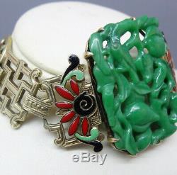 Art Deco Bracelet Jade w Certificate Gold Enamel French f Chinese Market (5860)