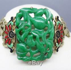 Art Deco Bracelet Jade w Certificate Gold Enamel French f Chinese Market (5860)