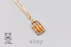 Bird Cage Mexican Fire Opal Necklace Pendant 18K Yellow Gold Fine Jewelry Charm