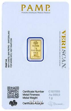 Box of 25 PAMP Suisse 1 Gram. 9999 Fine Gold Bars Fortuna with Assay Certificate