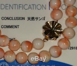 Certificate Vintage natural Angel skin CORAL necklace 14k solid gold JAPAN 7mm