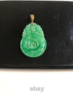 Certificate antique natural jade 14 k. Yellow gold lucky flower pendant