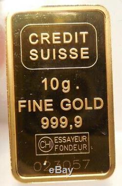 Credit Suisse- 10 Grams. 9999 Fine Gold- Gold Bar- Sealed- with Certificate