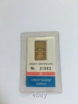 Credit Suisse Zurich 2.5 Grams Fine Gold Bar 999.9 Sealed Assay Certificate