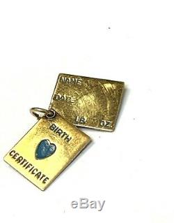 Cute Vintage Solid 14K Yellow Gold Opening Book Birth Certificate Charm Pendant