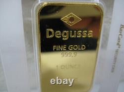Degussa 1 ounce 999.9 Fine Gold Bar pure 24 K gold bar sealed with certificate