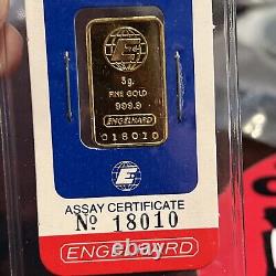 ENGELHARD 5 Grams Fine Gold Bullion (999.9 Au) with Assay Bar Certificate