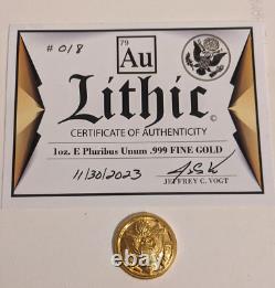 E Pluribis Unum Great Seal LITHIC 1 toz. 999 Fine Gold Art Round. Certificate