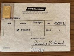 Engelhard 1/4 Ounce 999.9 Gold Bar With Vintage Assay Certificate and Envelope