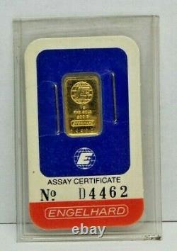 Engelhard 1 Gram 999.9 Fine Gold Bar in Assay Certificate D4462 Sealed M1486