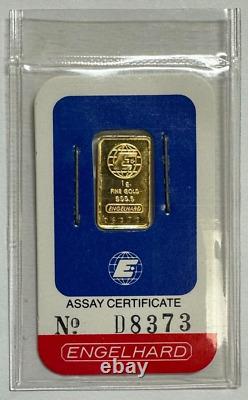Engelhard 1 Gram Fine Gold. 9999 Bar with Assay Certificate No. D8373 (Sealed)