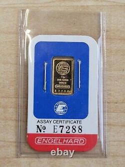 Engelhard 1 Gram Fine Gold. 9999 Bar with Assay Certificate No. E7288 (Sealed)