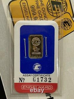 Engelhard 1 Gram Fine Gold. 9999 Bar with Assay Certificate No. G1732 (Sealed)