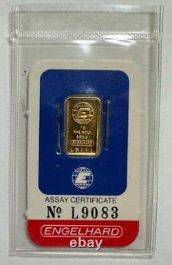 Engelhard 1 Gram Fine Gold. 9999 Bar with Assay Certificate No. L9083 (Sealed)