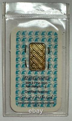 Engelhard 1 Gram Fine Gold. 9999 Bar with Assay Certificate No. L9083 (Sealed)