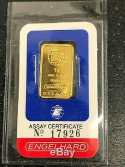 Engelhard 5 Gram Fine Gold Bar. 9999 with Assay Certificate & Envelope No. 17926