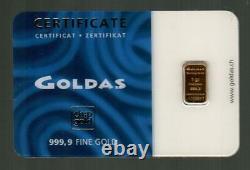 GOLDAS SWITZERLAND 1g 999.9 Fine Gold Ingot in Sealed Certificate