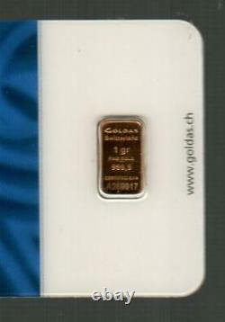 GOLDAS SWITZERLAND 1g 999.9 Fine Gold Ingot in Sealed Certificate