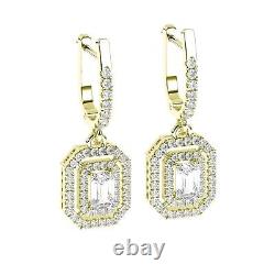 Natural Round & Emerald Cut Diamond, 18K Yellow Gold Double Halo Hoops Earrings