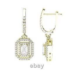 Natural Round & Emerald Cut Diamond, 18K Yellow Gold Double Halo Hoops Earrings