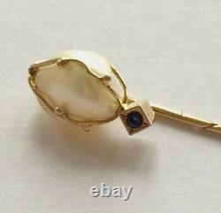 Natural Saltwater Pearl Stickpin, Gold, Pearl and Sapphire with Certificate