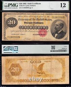 Nice RARE Fine 1882 GARFIELD $20 GOLD CERTIFICATE! PMG 12! FREE SHIPPING