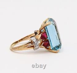 Oscar Heyman 1941 Cocktail Ring 18Kt Gold 21.18 Ctw In Aquamarine Rubies Diamond