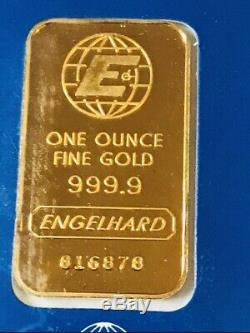 Rare 1 oz Engelhard Gold Bar 999.9 Fine Gold With matching Assay Certificate