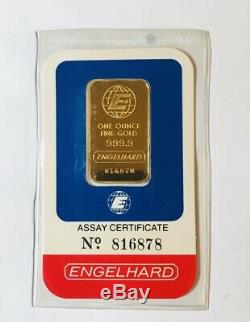 Rare 1 oz Engelhard Gold Bar 999.9 Fine Gold With matching Assay Certificate