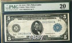 Series 1914 $5 Pmg20 Very Fine Federal Reserve Note Philadelphia White/mellon