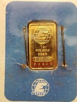 VTG Engelhard 1 Gram Fine Gold 999.9 Bar withAssay Certificate No. F4440 SEALED