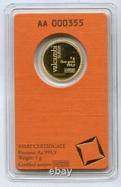 Valcambi Suisse 5 Gram 9999 Fine Gold Round Assay Certificate JN325