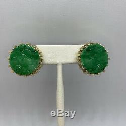 Vintage 18k yellow gold natural A green jadeite jade carved earrings certificate