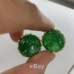 Vintage 18k yellow gold natural A green jadeite jade carved earrings certificate