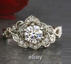 Vintage 2Ct Round Cut Diamond Flower Solitaire Engagement Ring In 14k White Gold