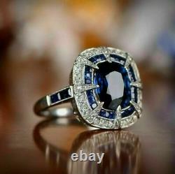 Vintage Antique 4.55Ct Cushion Cut Blue Sapphire Engagement Ring 14k White Gold