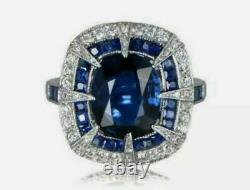 Vintage Antique 4.55Ct Cushion Cut Blue Sapphire Engagement Ring 14k White Gold
