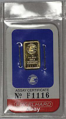 Vintage Engelhard 1 gram 999.9 Fine Gold Bar In Sealed Assay Certificate #F1116