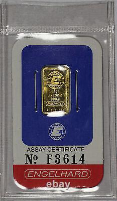 Vintage Engelhard 1 gram 999.9 Fine Gold Bar In Sealed Assay Certificate #F3614