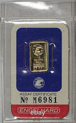 Vintage Engelhard 1 gram 999.9 Fine Gold Bar In Sealed Assay Certificate #M6981