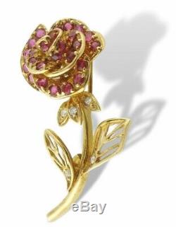 Vintage Igor Carl Faberge 18K Gold Diamond Ruby Rose Pin Ring Box/Certificate
