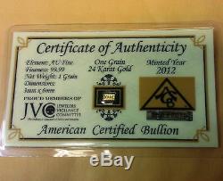 X100 ACB 24k Fine Gold 99.99 1GRAIN Bullion Bar Certificate of Authenticity $